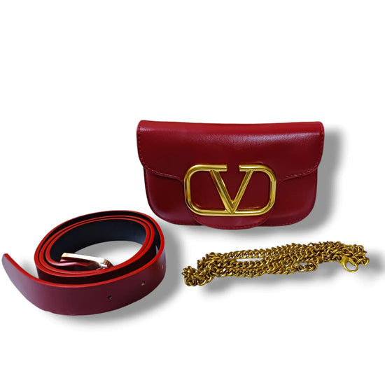 V Leather Belt Sling Small Bag Maroon color