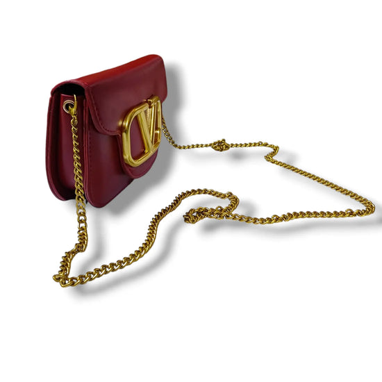 V Leather Belt Sling Small Bag Maroon color