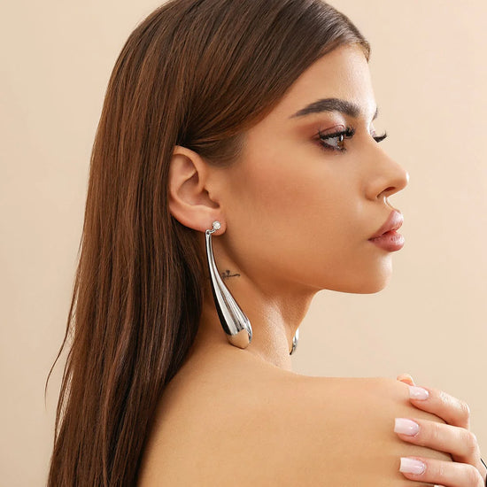 Silver Geometric Crystal Metallic Waterdrop Dangle Earrings