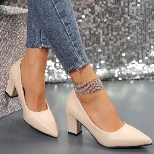 Classic Block Heels, Elegant Point Toe Dress, Pumps Slip On Heels Shoes