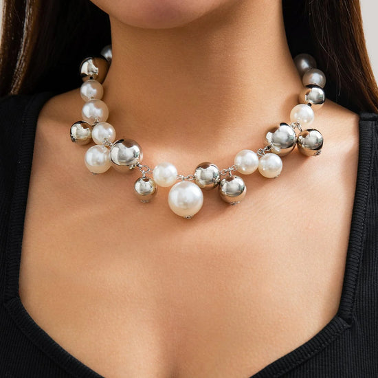 Silver Plated White Chunky Pearl Chain Choker Necklace