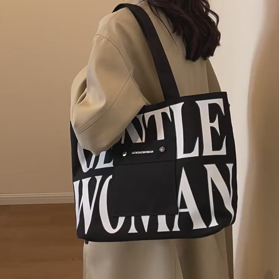 Large Capacity Letter Printed Tote Canvas Handbag Shoulder Bag in Black color