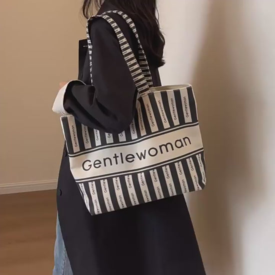 Large Canvas Tote Bag with Zipper Closure Khaki Striped Print