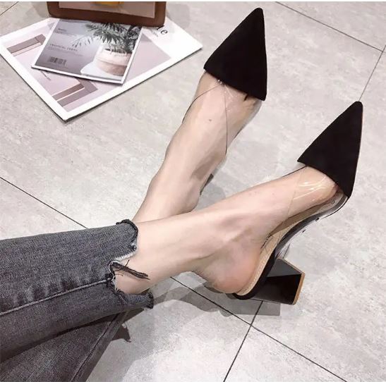 Black Square Heel Slippers, Pointy Toe Summer Shoes