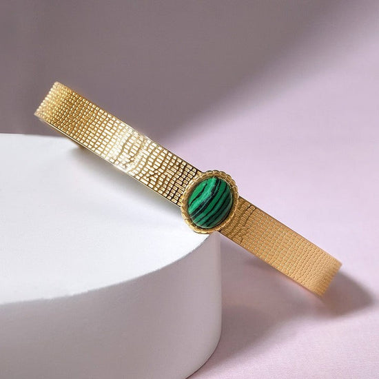 Gold Plated Green Gem Studded Waterproof Open Bangle