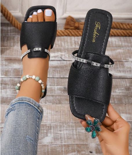 Fashionable And Comfortable Square Toe Rhinestone Detail Slip-On Flat Sandals